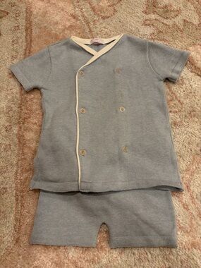 Kids Short Sleeve Knit Pajama Set in Light Blue with Cream Trim